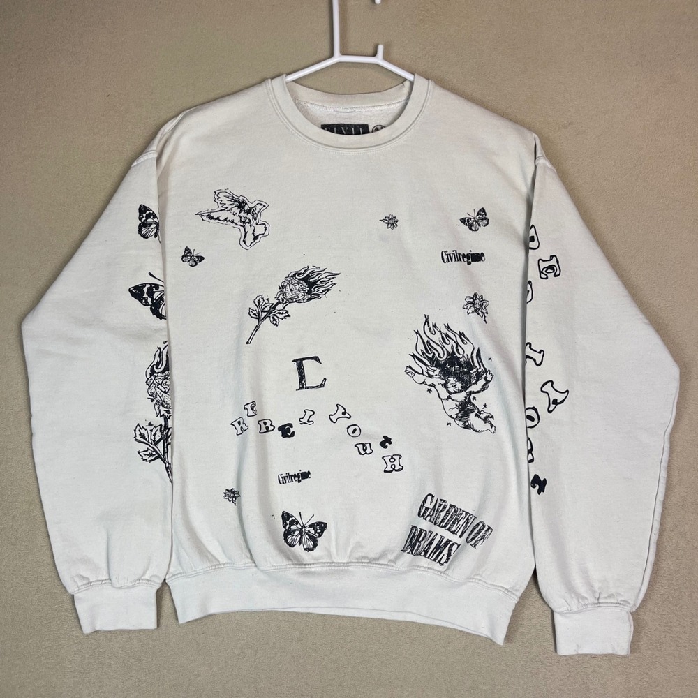 Civil Regime Graphic Sweatshirt Cherub Butterfly Rose Print Cream Mens S